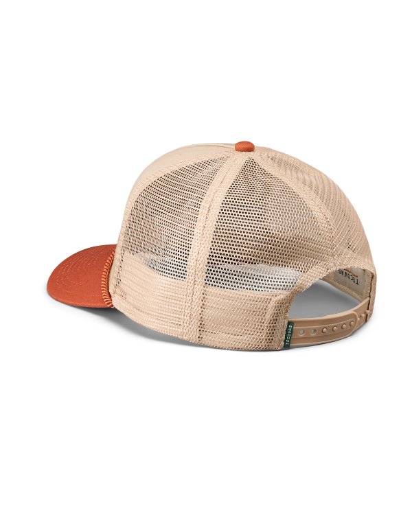 Quarterback view of Tecovas Badge Trucker - Burnt Orange on plain background