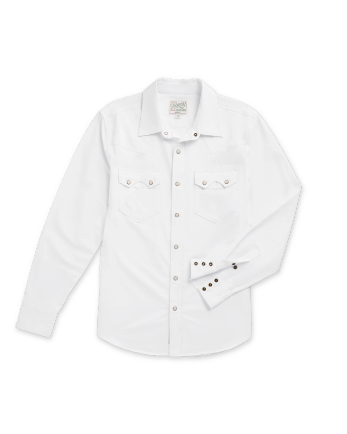 A long-sleeve white button-up shirt with two chest pockets, metal buttons, and a pointed collar, laid flat on a white background.