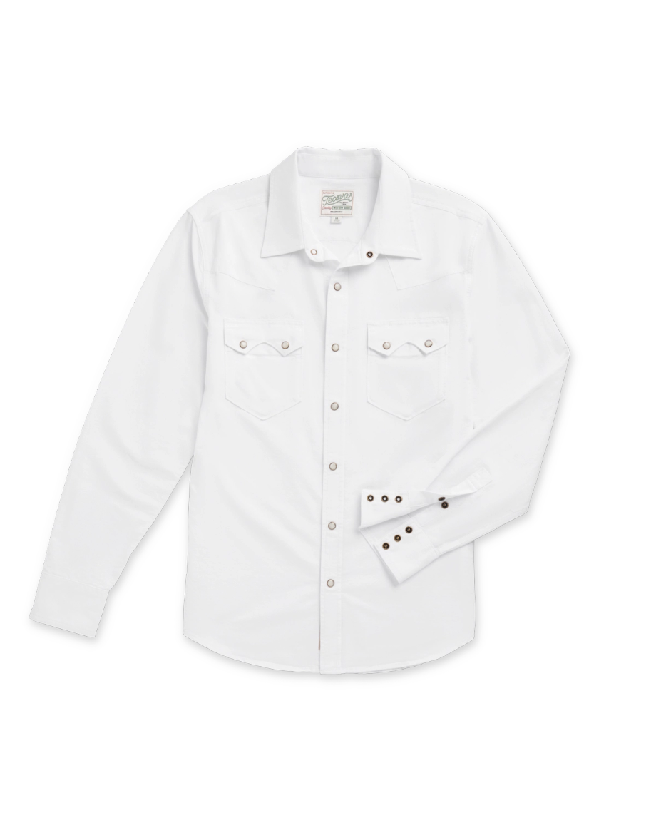 A long-sleeve white button-up shirt with two chest pockets, metal buttons, and a pointed collar, laid flat on a white background.