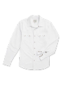 A long-sleeve white button-up shirt with two chest pockets, metal buttons, and a pointed collar, laid flat on a white background.