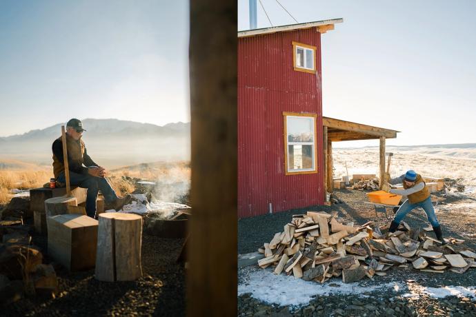 man sitting by a fire and chopping wood