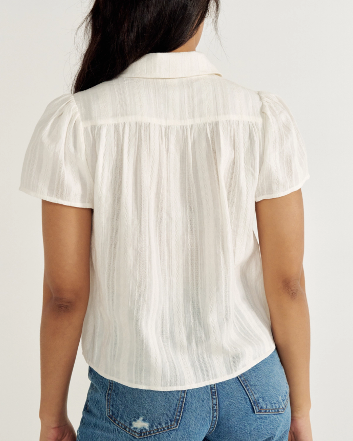 Closeup detail view of Women's S/S Button-Front Gathered Top - White