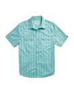 Closeup detail view of Men's Vintage Weight Sawtooth Short Sleeve Pearl Snap - Blue Horseshoe