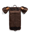 Brown garment bag with two zippered compartments for shoes, a central zip, and a top handle.