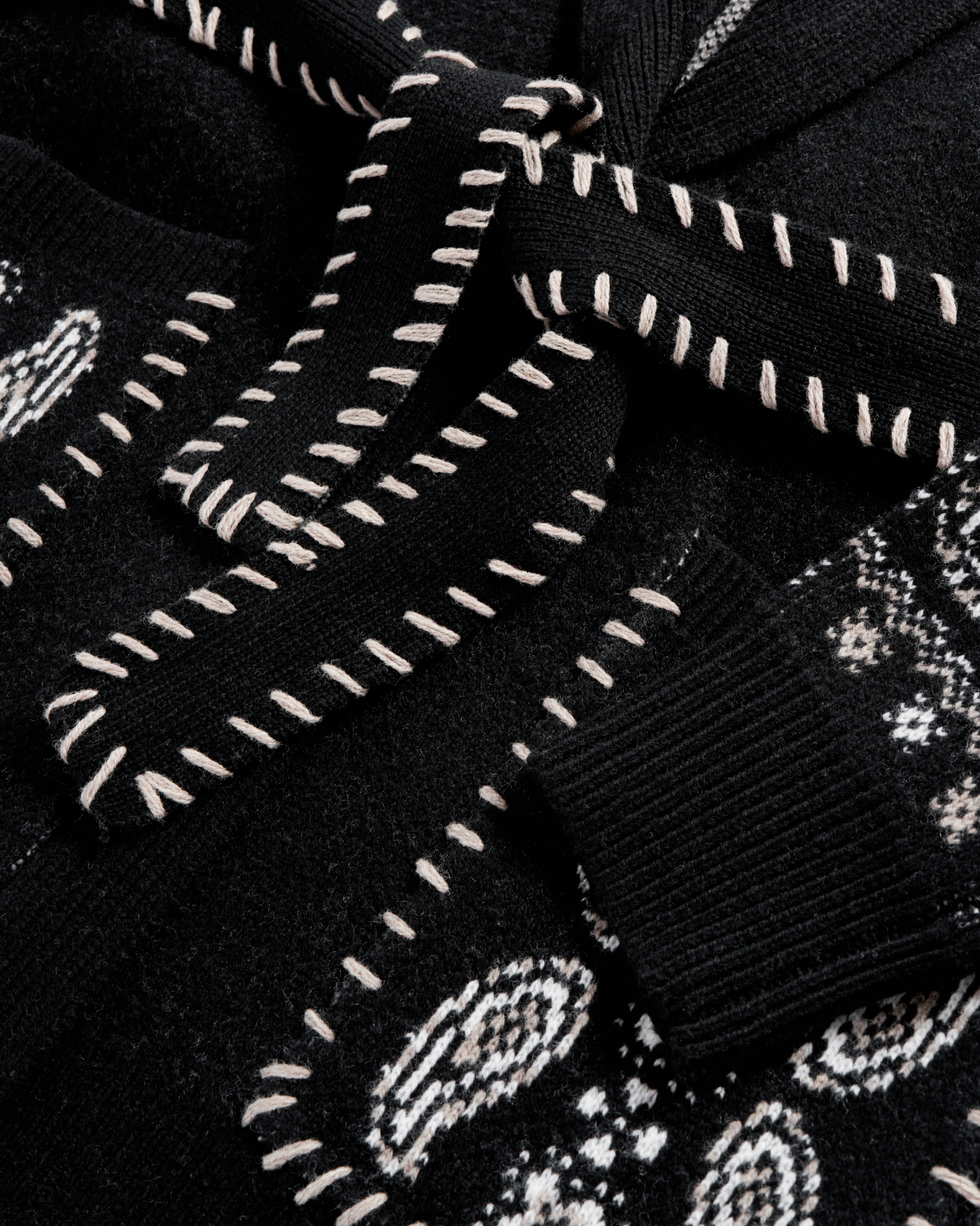 Closeup detail view of Women's Shawl Collar Wrap Sweater - Black / White