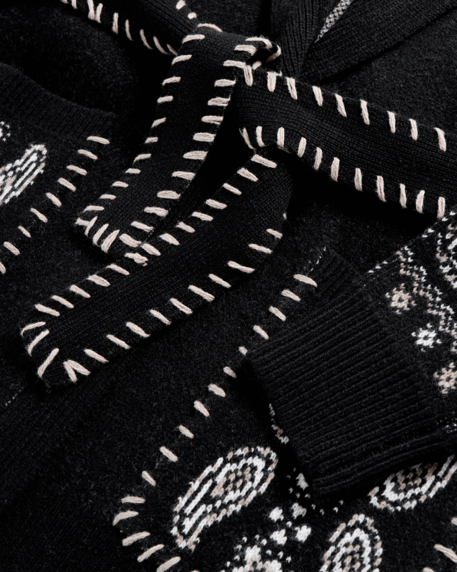 Closeup detail view of Women's Shawl Collar Wrap Sweater - Black / White