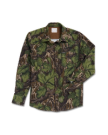 A long-sleeve button-up shirt with a green and brown camouflage pattern, featuring chest pockets, laid flat on a white background.