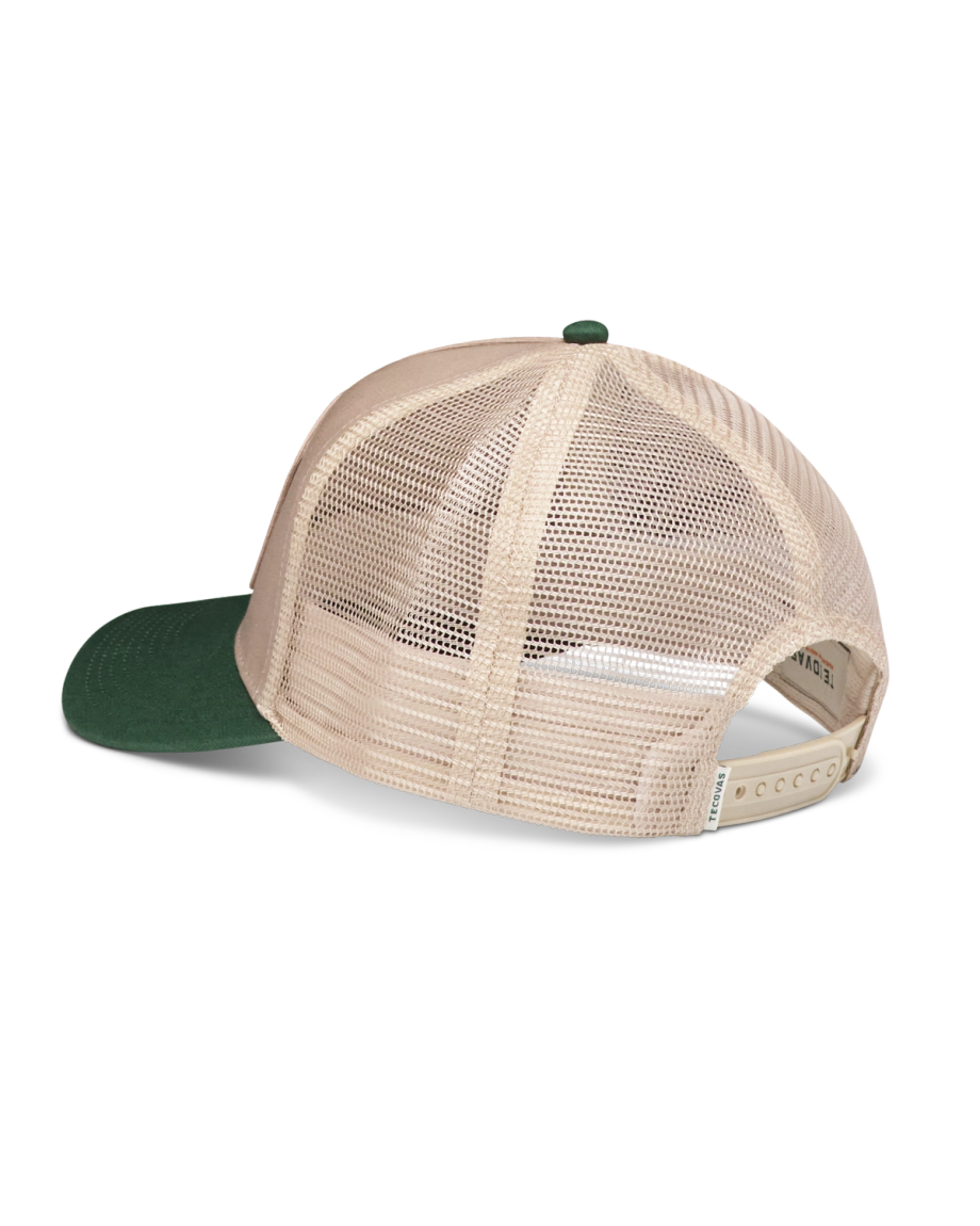 Quarterback view of Yee Haw 5 Panel High Pro Trucker - Green / Khaki on plain background