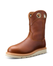 A brown leather boot with a light sole, featuring two large holes near the top for easy handling.