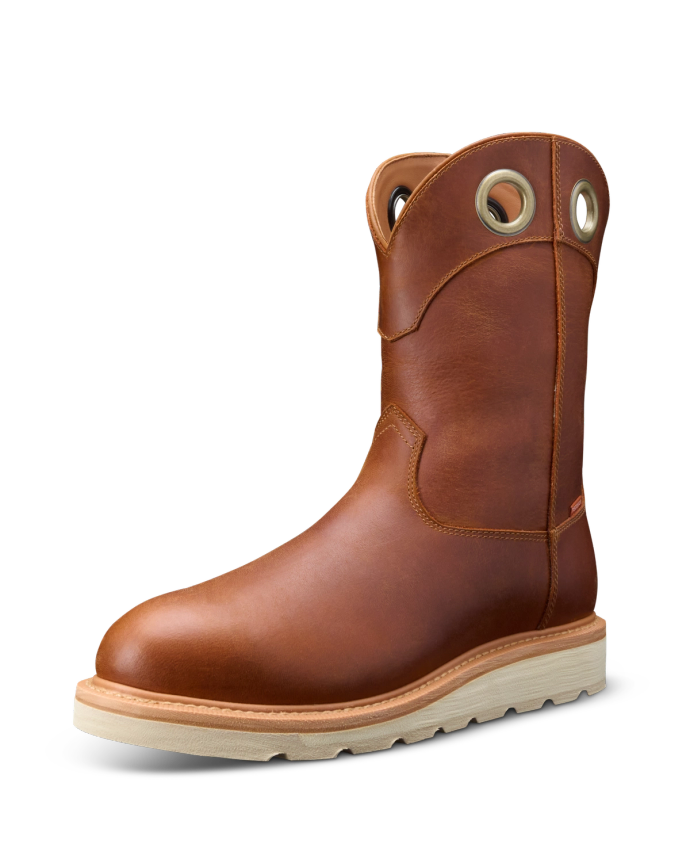 A brown leather boot with a light sole, featuring two large holes near the top for easy handling.