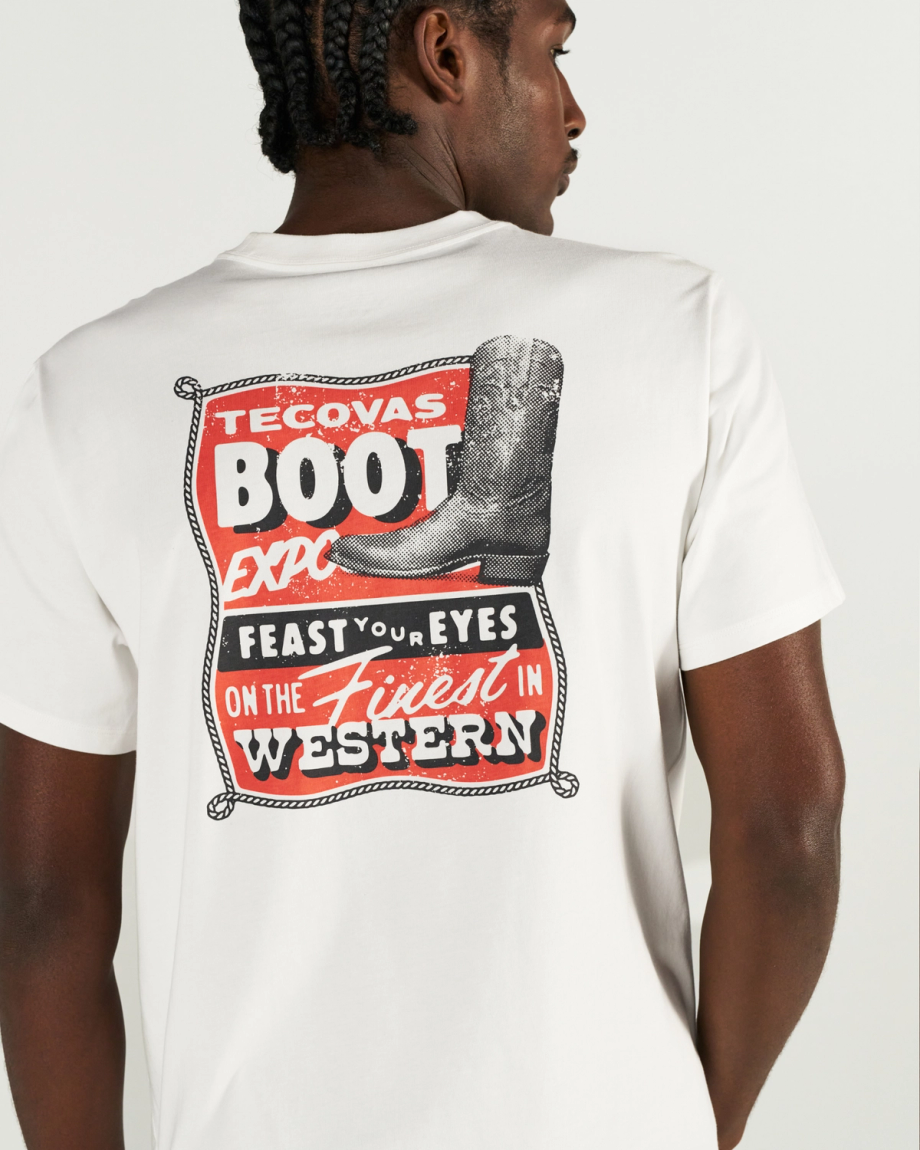 Back view of Men's Boot Expo T-Shirt - Bone on model