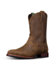 The Glen in Dustwood Roughout. A brown leather cowboy boot with decorative stitching, a low heel, pull straps, and a square toe—crafted in Dustwood Roughout—shown against a plain white background.
