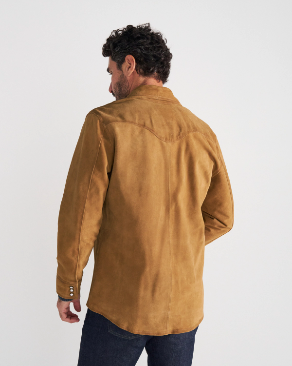 Back view of Men's Roughout Overshirt - Camel on model
