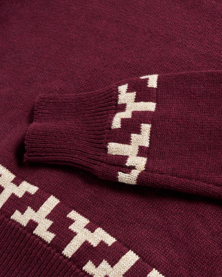Closeup view of Women's Crew Neck Lucky Boots Sweater - Burgundy