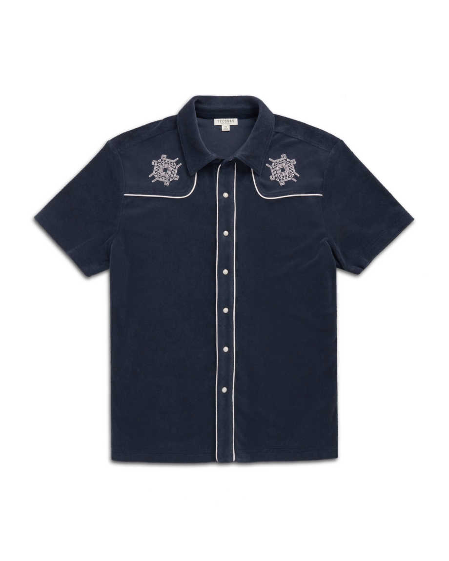 Closeup detail view of Men's Terry Pearl Snap - Navy