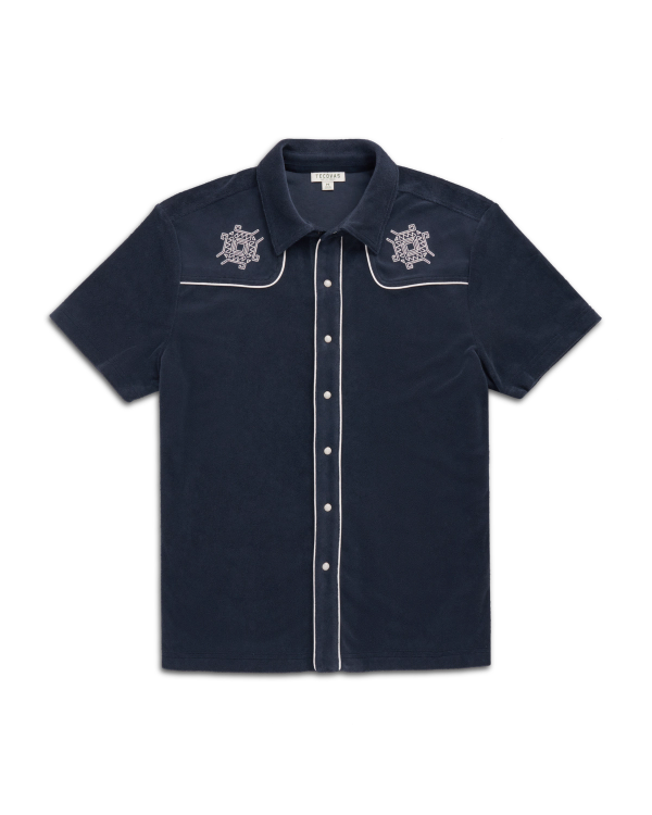 Closeup detail view of Men's Terry Pearl Snap - Navy
