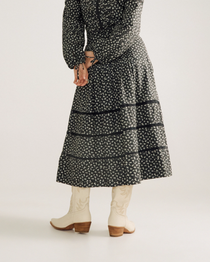Back view of Women's Cotton Poplin Midi Skirt - Black / White on model
