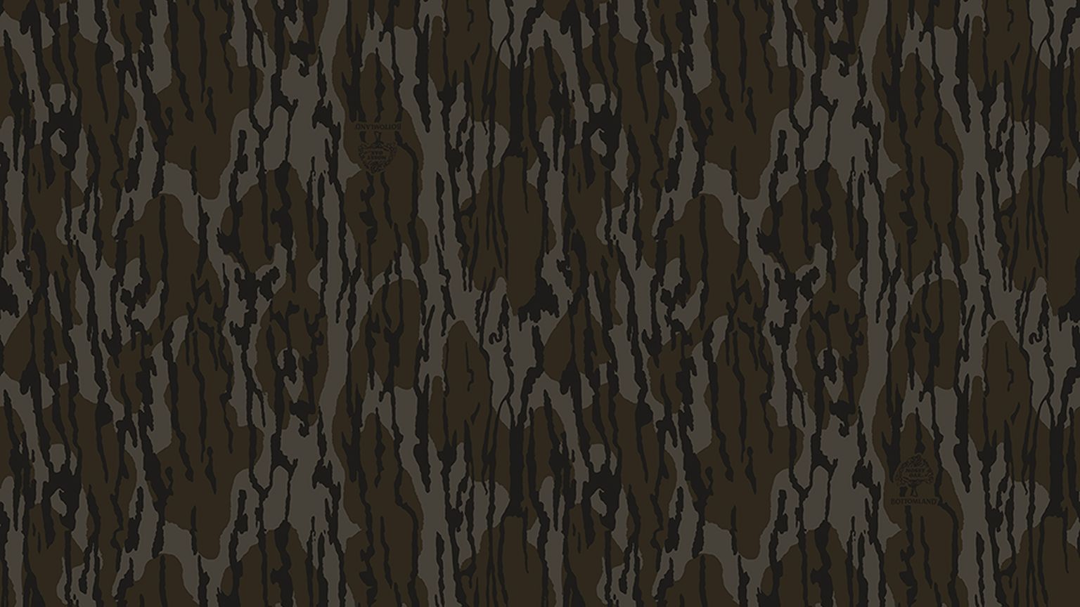 Dark camouflage pattern with vertical, irregular stripes in shades of brown and black, featuring subtle logo marks blended into the design.