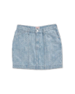 Front view of Women's High-Rise Denim Mini Skirt - Blue Bandana on plain background