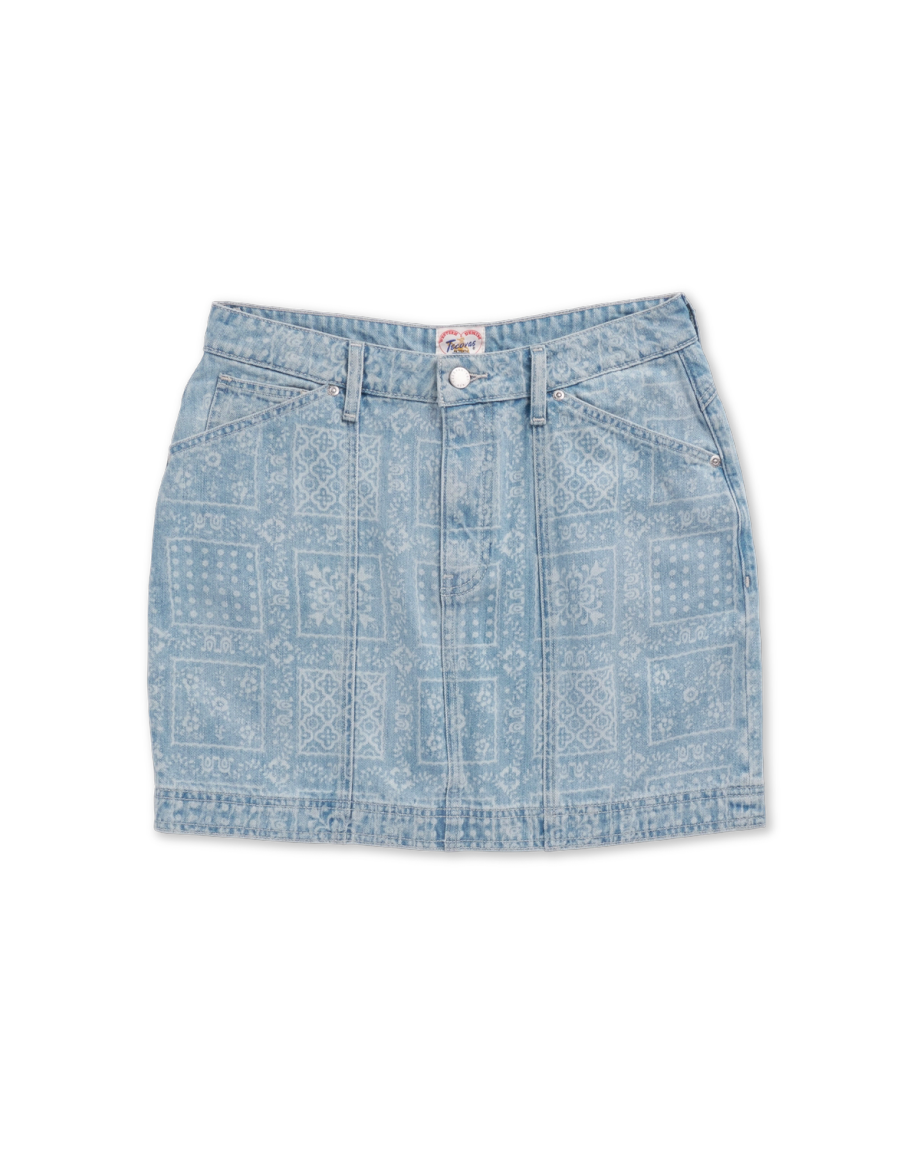 Front view of Women's High-Rise Denim Mini Skirt - Blue Bandana on plain background