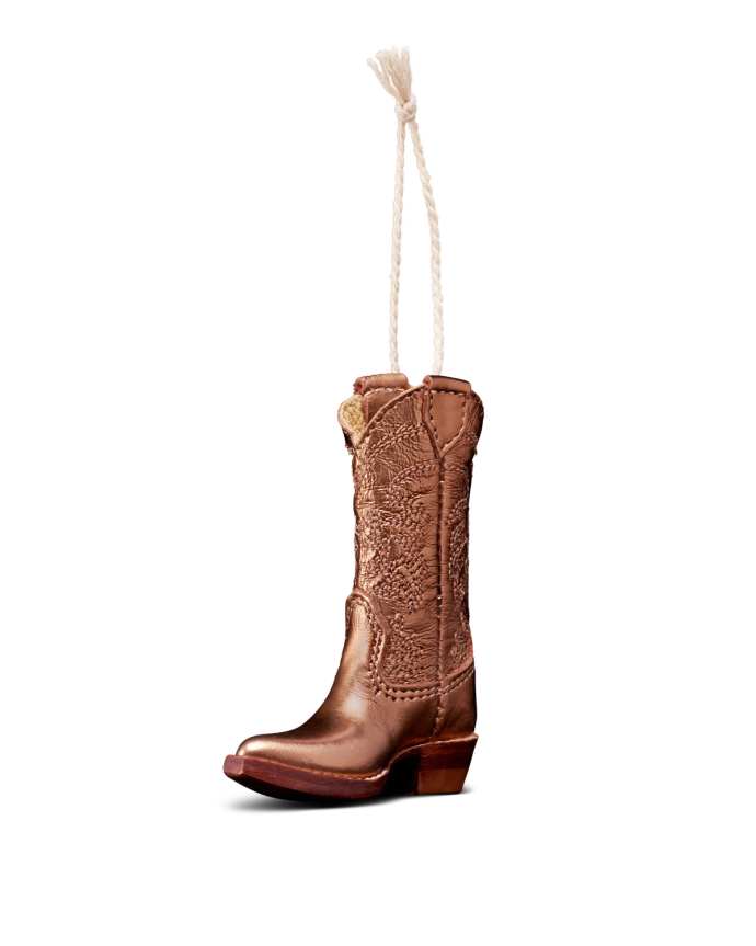 Quarterfront view of Annie Boot Ornament - Copper on plain background