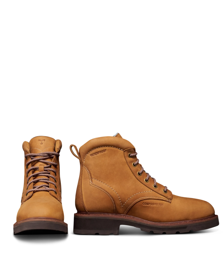 Pair view of LongHaul Waterproof Lace Up Composite Toe Work Boot - Light Tan on plain background