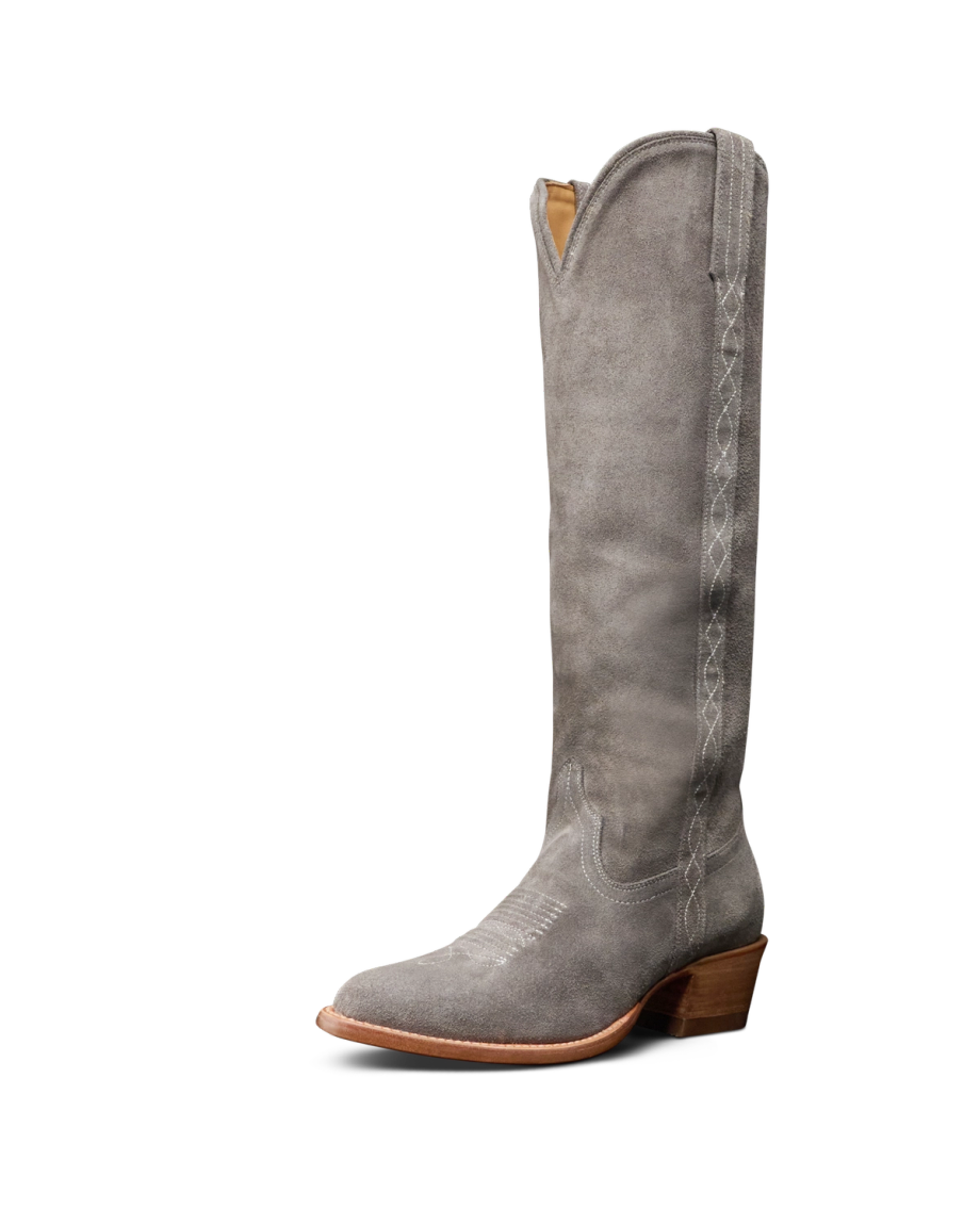 Quarterfront view of The Abby Cavalier - Charcoal Suede on plain background