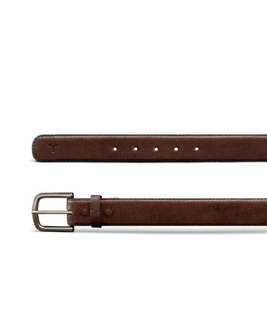 A brown leather belt with a silver buckle, featuring five holes and a small bull logo embossed near the tip.