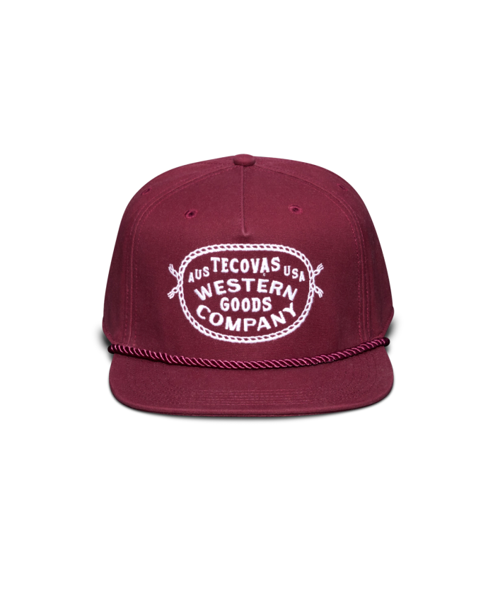 Profile view of Vintage Rope Five-Panel High Profile Trucker - Crimson on plain background