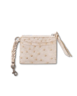A small, cream-colored leather card holder with a zippered compartment, front pocket, and a braided wrist strap with a metal clasp.