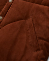 Close up of Men's Goat Suede Puffer Vest in Dark Tobacco