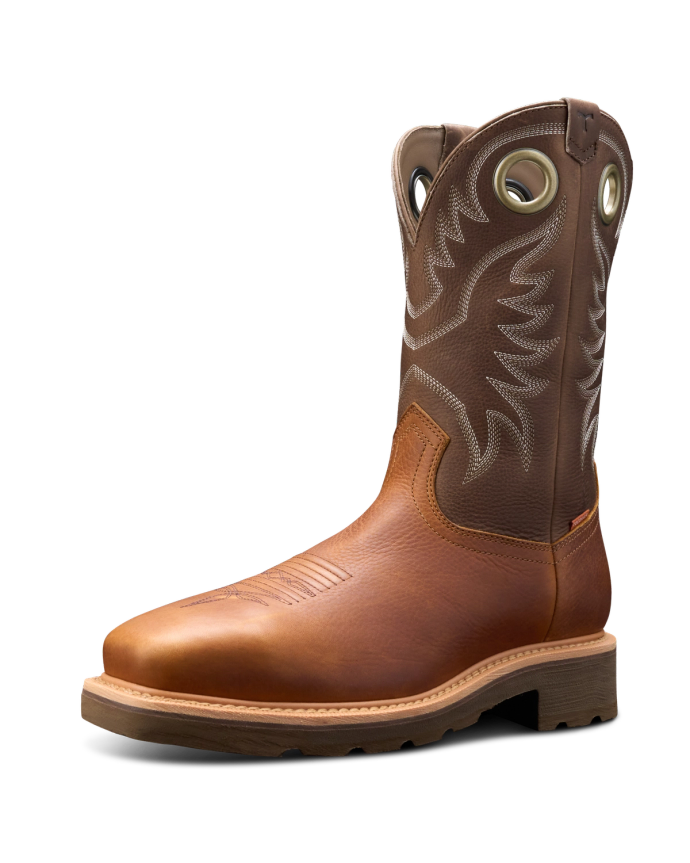 Quarterfront view of LongHaul Waterproof Square Composite Toe Work Boot - Saddle / Fossil on plain background