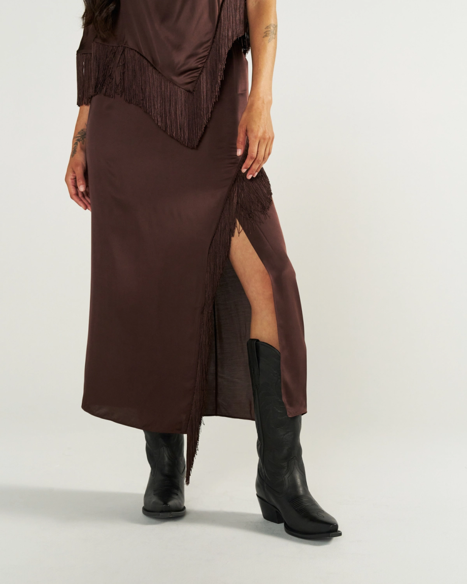 Closeup detail view of Women's Fringe Midi Skirt - Espresso