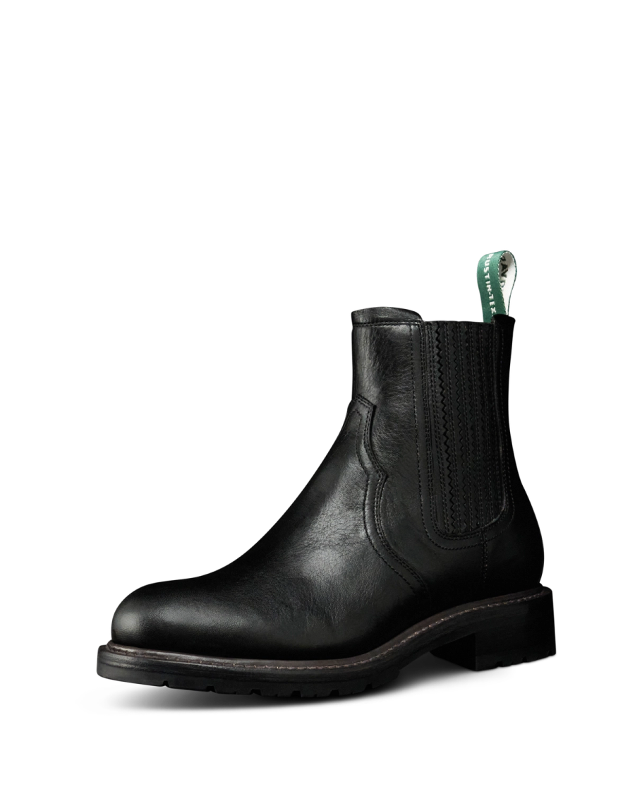 Quarterfront view of The Rugged Chelsea - Midnight Cowhide on plain background