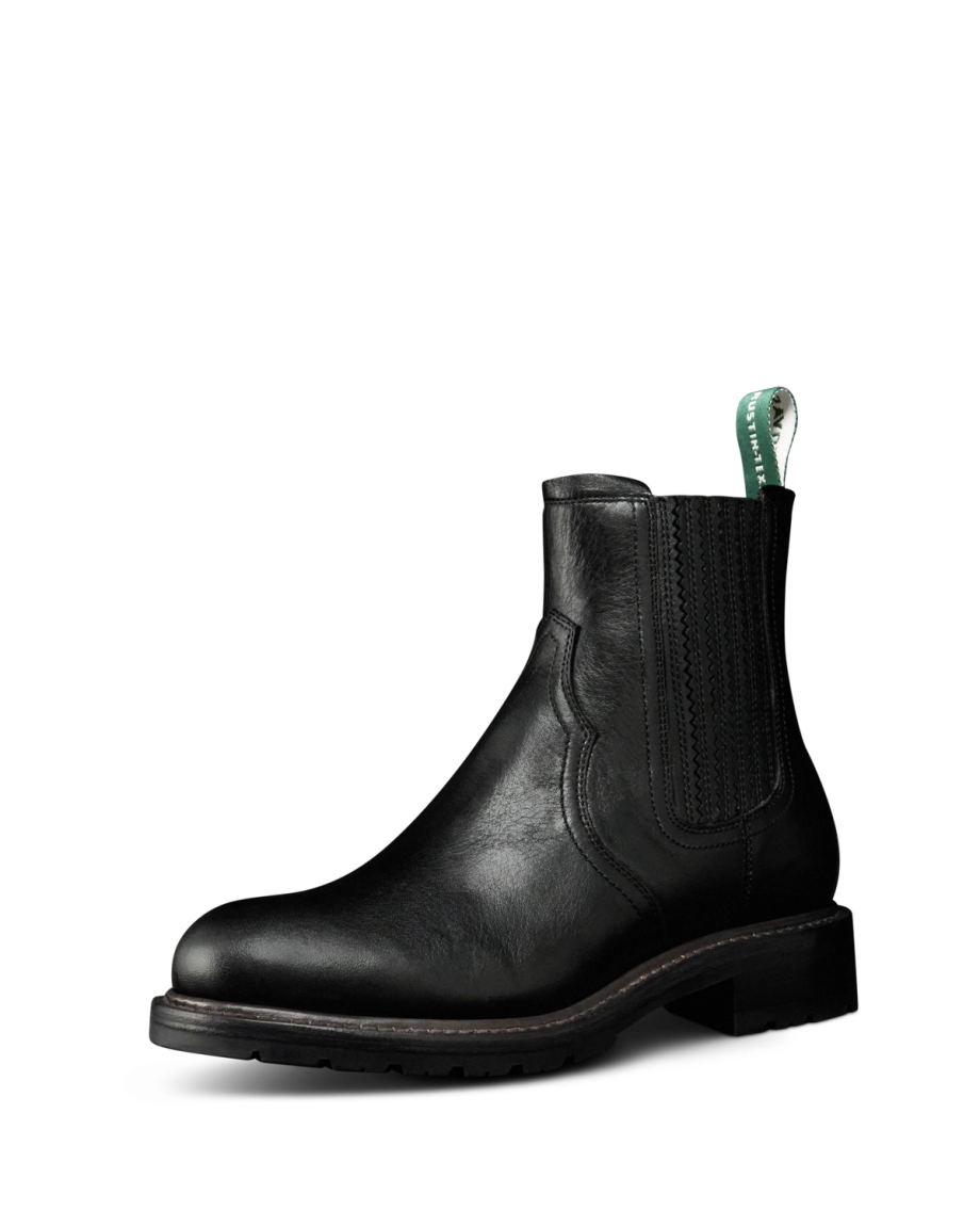 Quarterfront view of The Rugged Chelsea - Midnight Cowhide on plain background