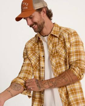 Man wearing brown multi plaid shirt 