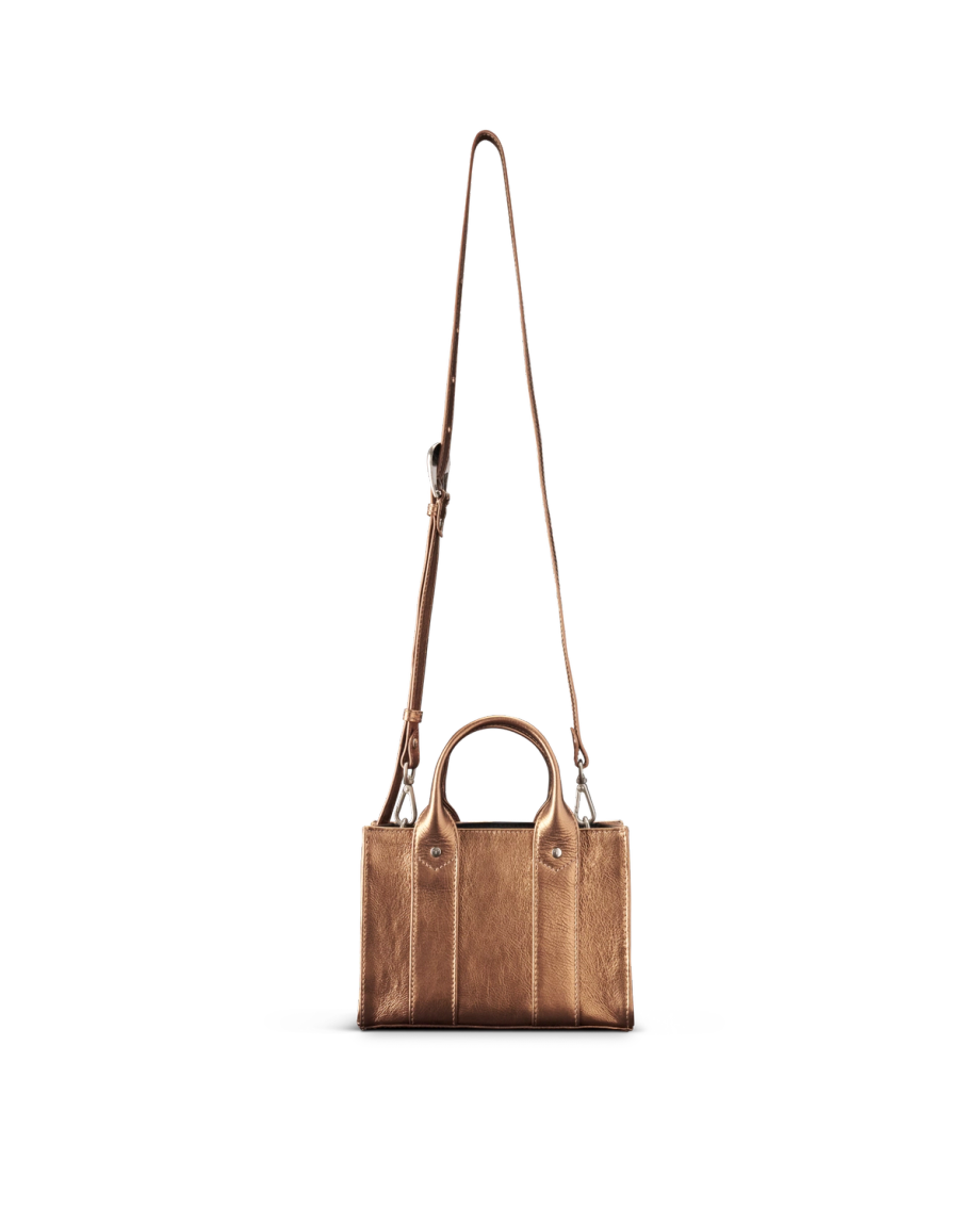 Front view of Mini Metallic Satchel - Copper Cowhide on plain background