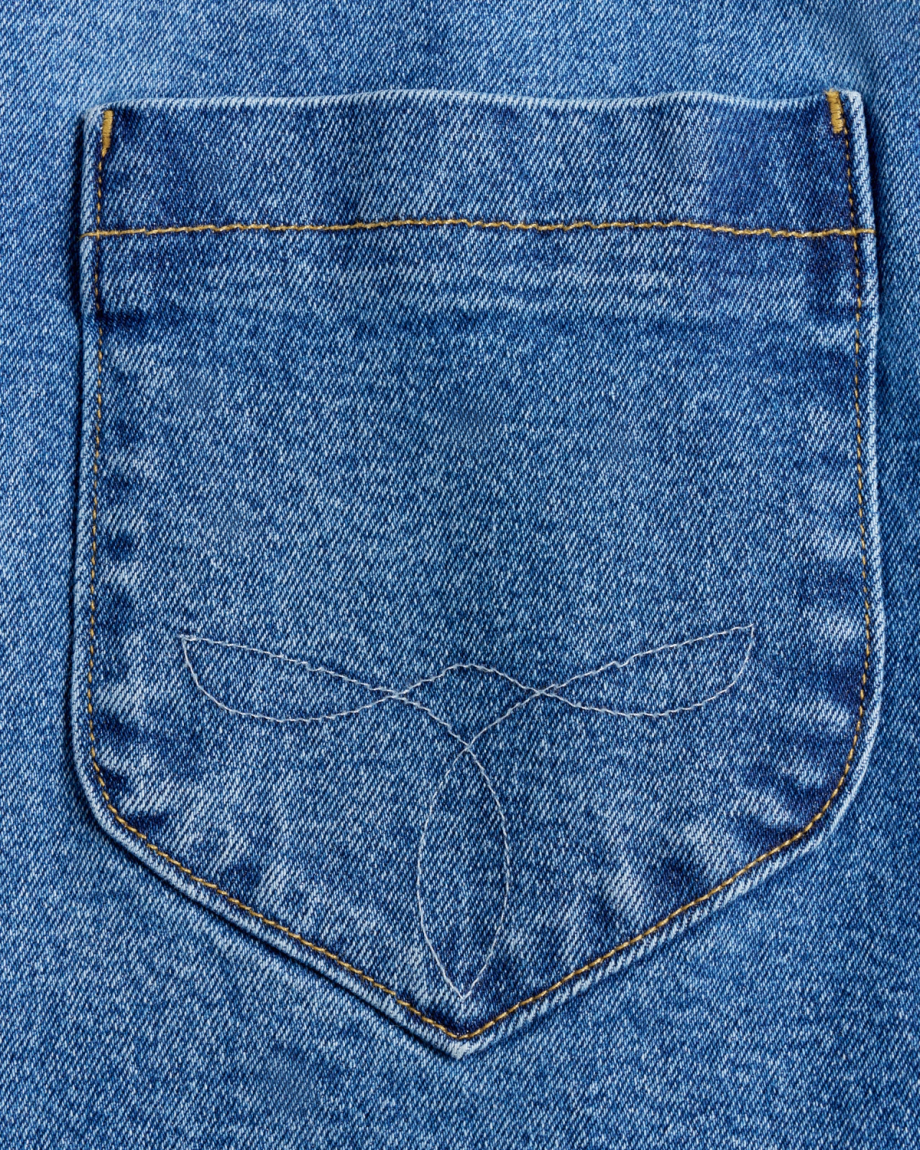 Closeup detail view of Women's S/S Denim Dress - Medium Wash