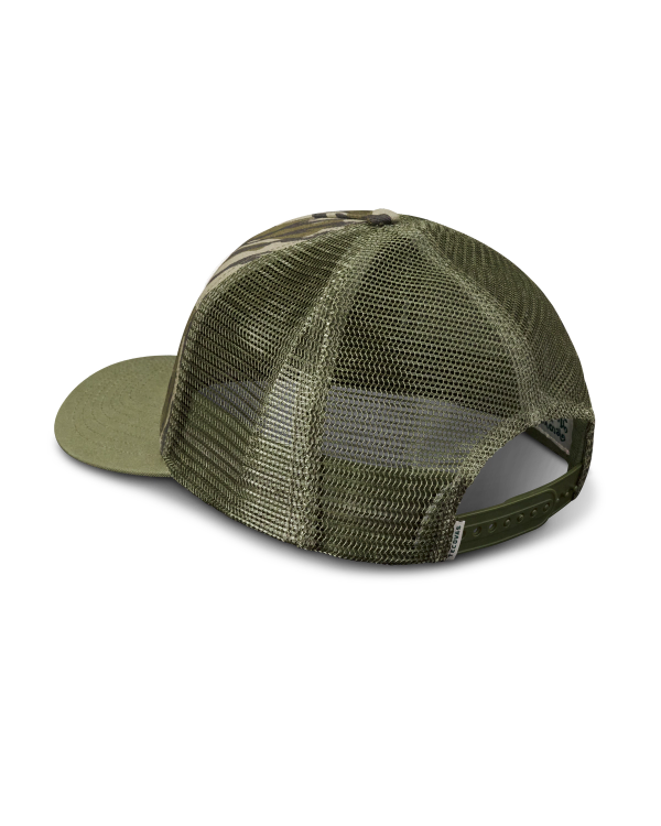 Quarterback view of Tecovas x Mossy Oak Bottomlands Trucker - MO Original Bottomland on plain background