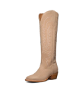 Tan cowboy boot with decorative stitching and a wooden heel, positioned against a black background.
