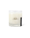 A glass jar candle with a minimalistic design, featuring a small illustration of a hat on the front.