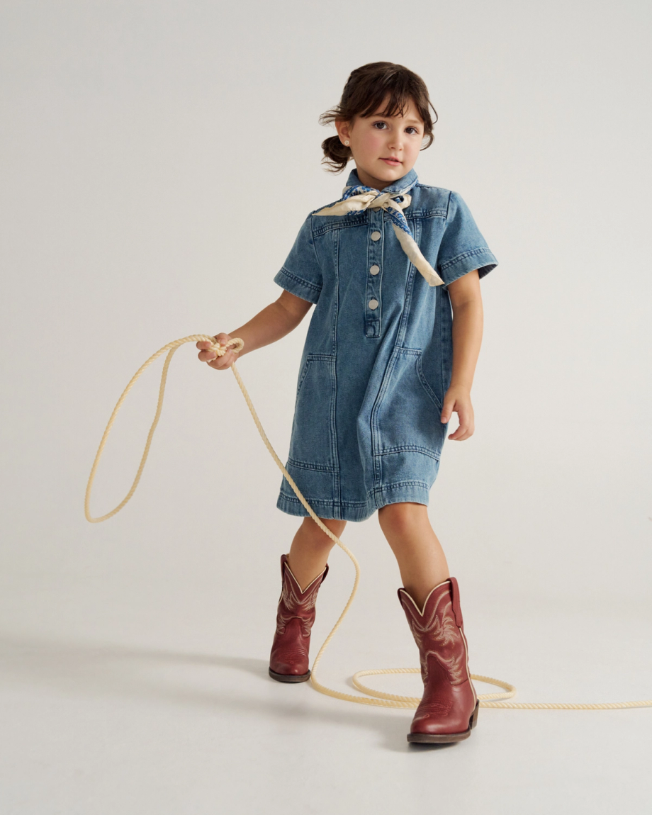 Full view of The Annie Kid - Scarlet Cowhide on model