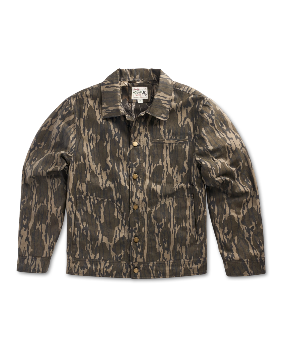 Front view of Men's Tecovas x Mossy Oak Waxed Ranch Jacket - Original Bottomland on plain background