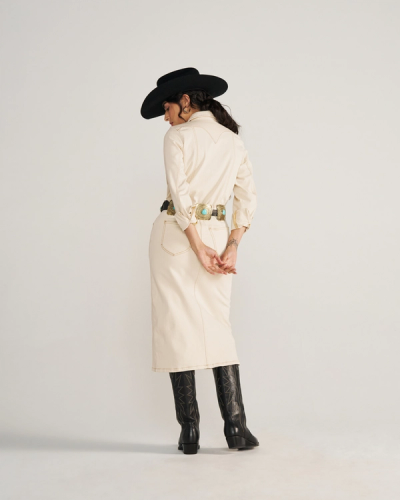 Now showing image 1 of 8: Closeup detail view of Women's L/S Natural Denim Midi Dress - Natural