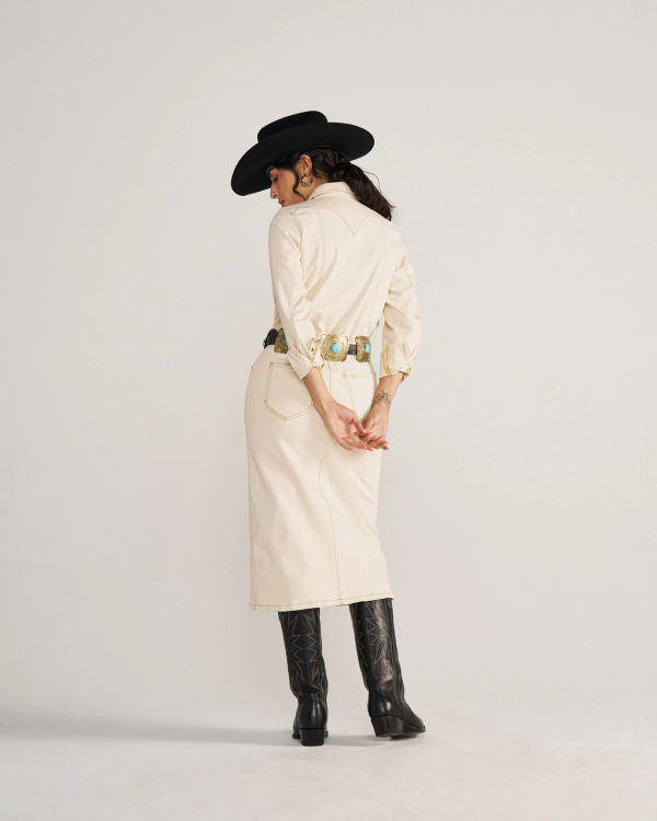 Closeup detail view of Women's L/S Natural Denim Midi Dress - Natural