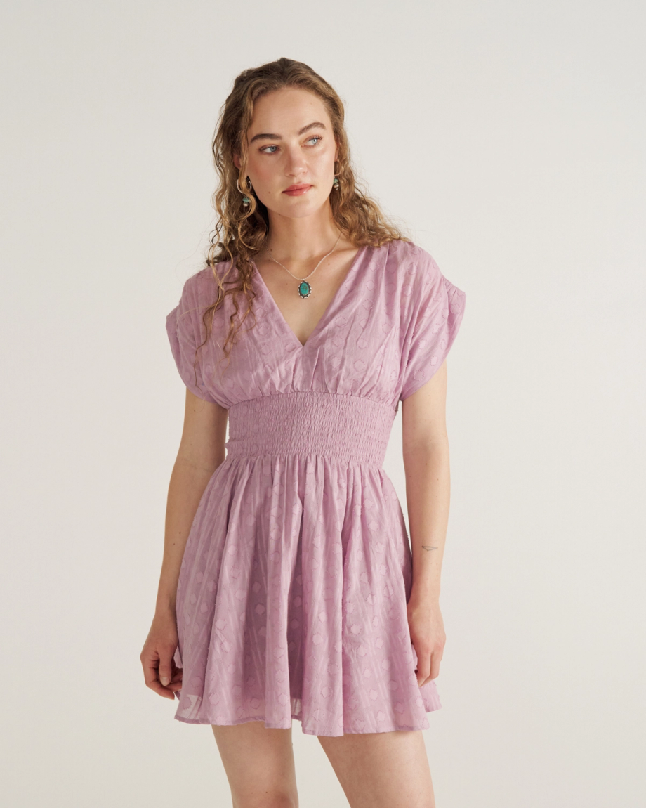 Front view of Women's Mini V-Neck Ruched Dobby Dress - Lavender on model