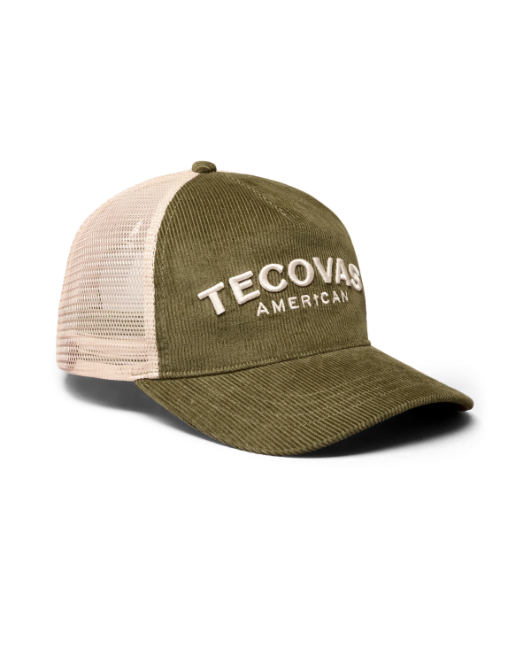 Quarterfront view of Corduroy Tecovas American Trucker - Olive on plain background
