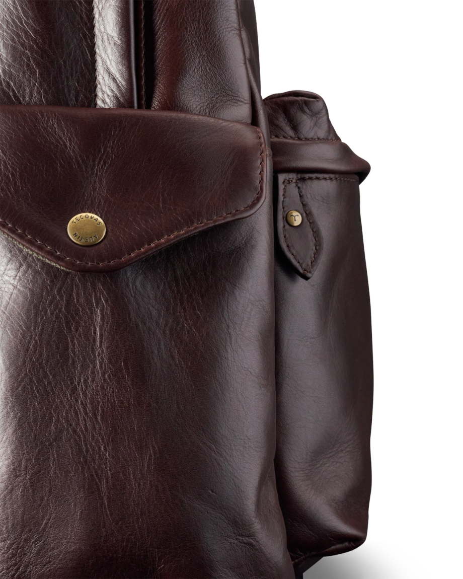 Closeup view of Men's Leather Backpack - Dark Brown