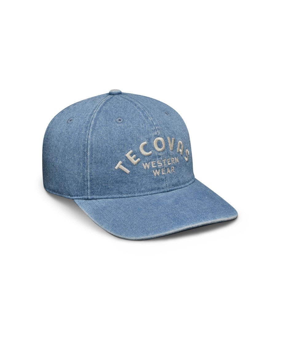Quarterfront view of Tecovas Western Wear Denim Hat - Blue on plain background
