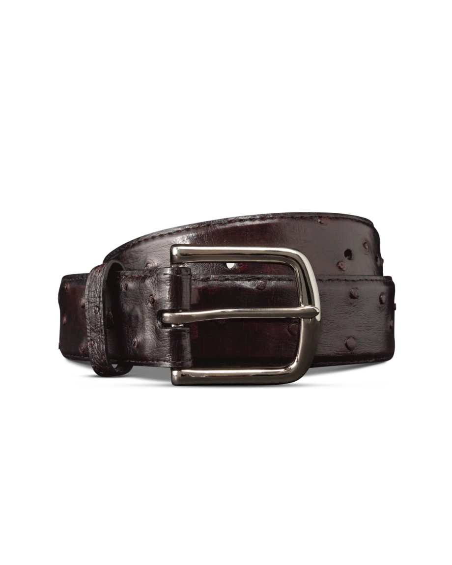 Unbuckled view of Men's Ostrich Belt II - Black Cherry on plain background